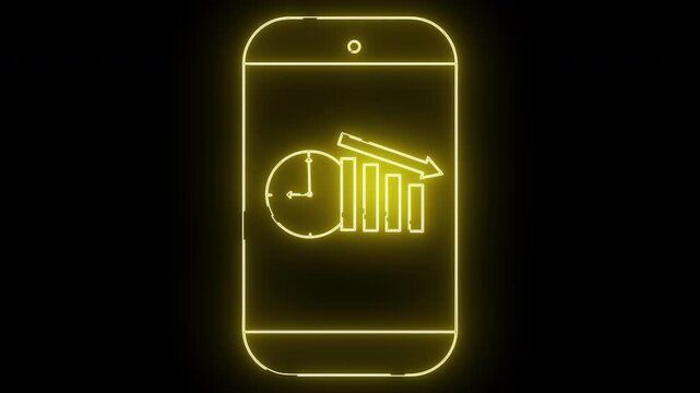 A yellow neon smartphone graphic showing a timebased declining bar graph
