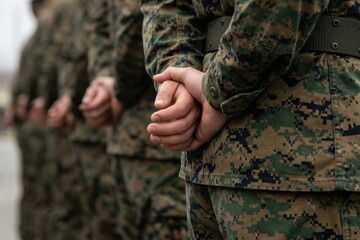 Close-up of military soldiers in camouflage uniforms standing at attention with hands clasped behind their backs during a formal ceremony or inspection.