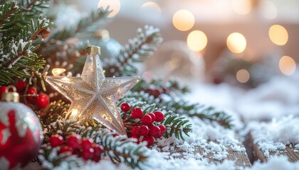 Sparkling star ornament nestled among snowy fir branches and vibrant red berries creating a magical Christmas scene perfect for holiday promotions