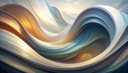 An abstract image featuring flowing ribbons, with warm light bathing the scene. Soft waves cascade over each other