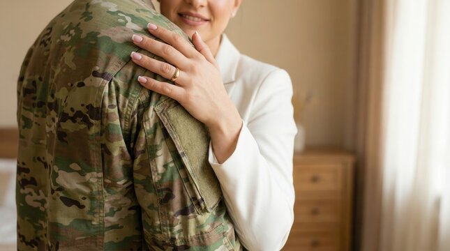 Close-up of a military soldier in camouflage uniform embracing his smiling wife (or partner) wearing a white blazer, symbolizing military family reunion, support, and love. - Powered by Adobe