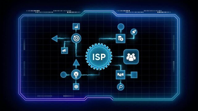 Futuristic HUD interface displays ISP acronym in a central gear surrounded by icons representing business processes and data flow