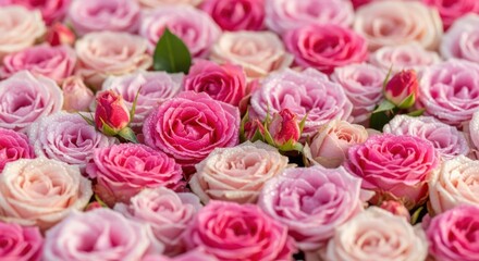 Abundant pink and cream roses in full bloom