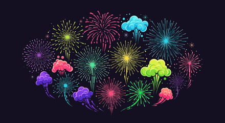 Vibrant Fireworks Display with Colorful Smoke Clouds on Dark Background. © Jepry