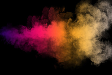 Vibrant Multicolor Smoke Burst Texture &ndash; Gradient Powder Explosion Effect with Purple, Pink, Orange, and Yellow Clouds on Black Background for Digital Art, Overlays, Visual FX, Branding,Design Project