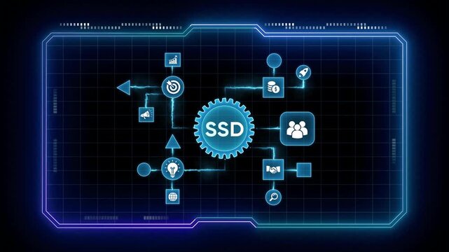 Futuristic HUD display with SD acronym in a central gear icon and connected digital icons solid state drive