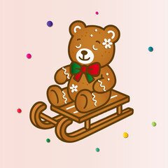 Niedlicher Lebkuchen-Teddy mit Schleife f&auml;hrt auf einem Holzschlitten. S&uuml;&szlig;e, weihnachtliche Illustration im Cartoon-Stil mit Zuckergussdetails und bunten Zuckerperlen.
