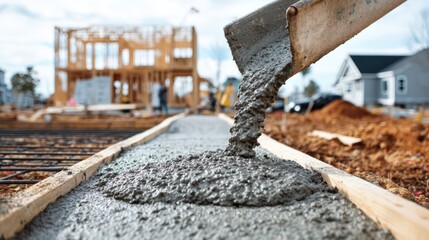 Pouring Concrete for New House Foundation on Site