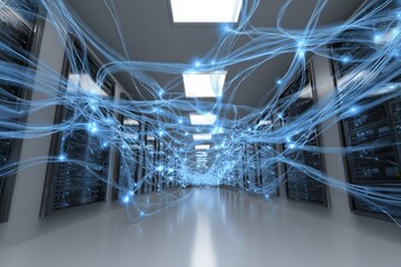 Data center aisle features glowing blue connections representing network and digital data flow.