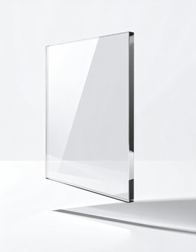 Clear rectangular sheet of glass, angled view.  Elevated, modern presentation