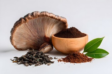 A collection of natural wellness elements including a large reishi mushroom, fine powdered extract in a wooden bowl, green leaves, and dried botanicals arranged on a clean white background.