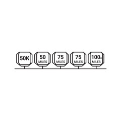 Endurance sport milestone badges with various distances 50k, 50, 75, 100 miles achievement icons