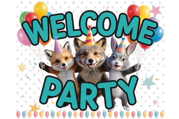 Naklejka premium Adorable fox and rabbit friends celebrating a welcome party with festive balloons and confetti for joyous occasions and children's events