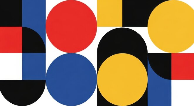 Abstract geometric artwork featuring bold primary colors and contrasting shapes in a modern design