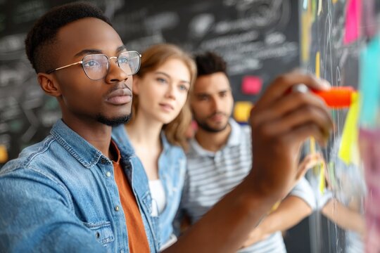 African American man writes on board, white woman and man observe, collaborative business planning.