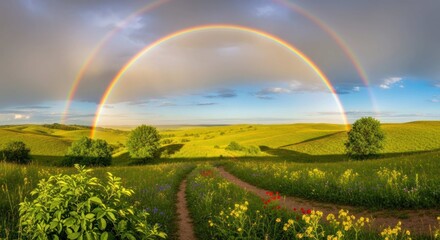 Fototapeta premium Scenic landscape of a meadow with a dirt path and a double rainbow