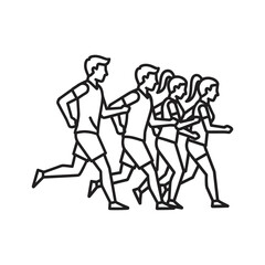 Outline icon of diverse group of men and women running in a marathon race, symbolizing fitness and competition.