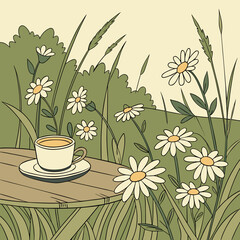Chamomile Flowers in Teacup on Wooden Table in Spring Garden