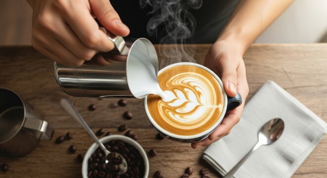 Pouring milk into coffee with latte art on a wooden surface, close up