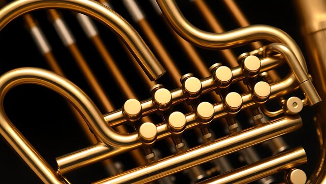 oligarchy. Brass instrument keys and tubing in geometric detail, studio lighting. product launch decks, UI/UX mockups, designed for product launches and innovation pitches.