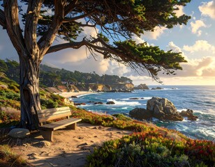 Coastal scene under a large, shady tree. A wooden bench sits overlooking a rocky shoreline, ocean waves, and distant cliffs
