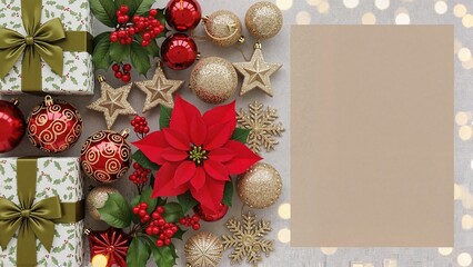 Christmas gift arrangement with festive ornaments, berries, and poinsettia on gray background with copy space