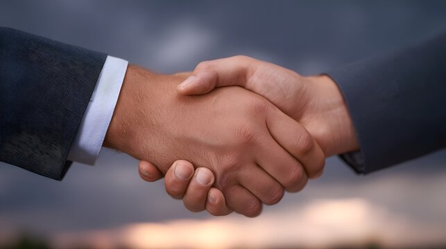 Two business professionals clasping hands in a formal agreement against a dramatic twilight sky