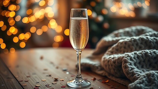 dcf. A champagne flute with golden bubbles on a wooden table beside a cozy blanket and festive confetti. bar promotions, beverage menus, designed for food & beverage menus and cafe branding.