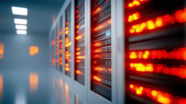 Data Fortress: A futuristic server room with gleaming rows of digital servers humming with activity, representing the backbone of modern technology.