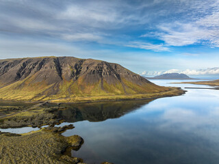 Aerial view over mountain range, lava field and lake - Snaefellsnes - Iceland