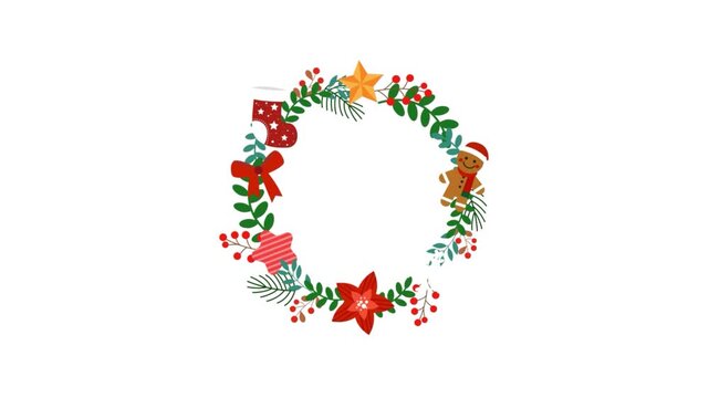 CHRISTMAS wreath animation with gingerbread man and stocking on Transparent background.