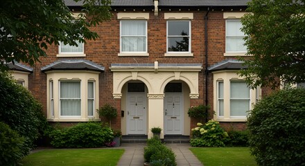 A symmetrical view of a brick house with two entrances, a walkway, and manicured lawns