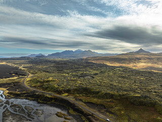 Aerial view over mountain range, lava field and lake - Snaefellsnes - Iceland