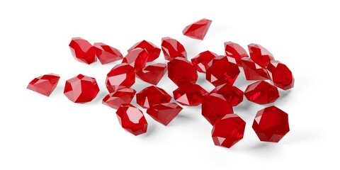 Heap of red colored cut gemstones on white background