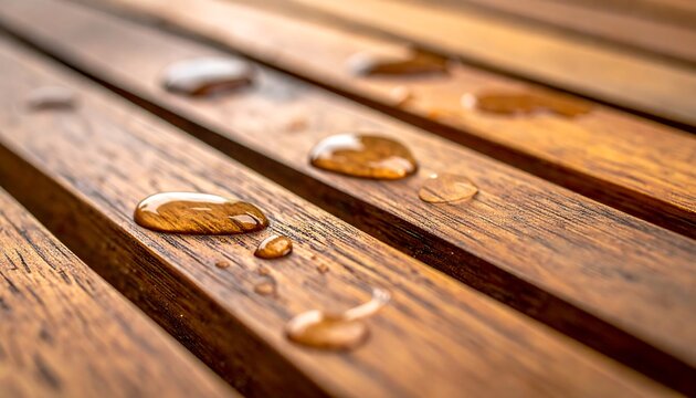 Water droplets glisten atop parallel wooden planks in sharp, natural light; creating a refreshing, pristine scene