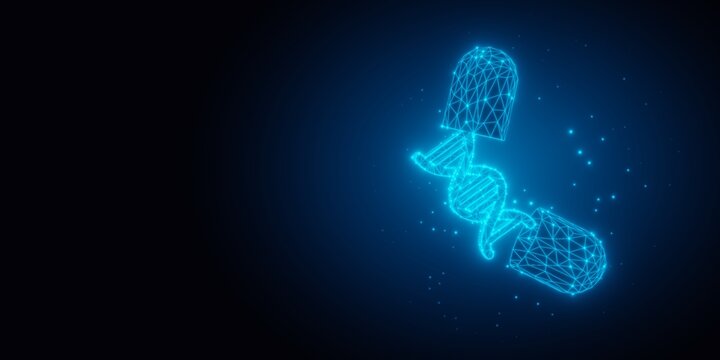 Blue glowing wireframe DNA abstract model from open pill on black background with copy space