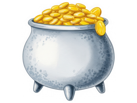 Pot of gold coins isolated on a transparent background