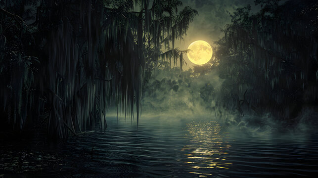 Enchanted night in a haunted swamp with full moon and spanish moss