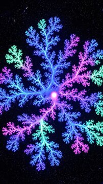 Bio-luminescent neon fractal structure growing organically in vibrant hues across a black microscopic surface in an infinite slow loop neon glow, connectivity, modern