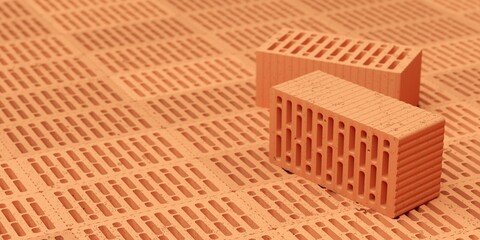 Layer of new, unused red brick stones background with two bricks on top, construction, building trade or masonry industry concept, selective focus