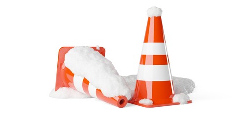 Two traffic cones, one standing, one laying in snow heap over white background, winter or snow warnign concept element