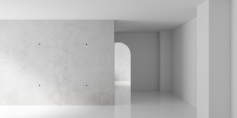 Modern stylish interior template, empty blank white room interior background featuring a concrete divider wall and doorway
