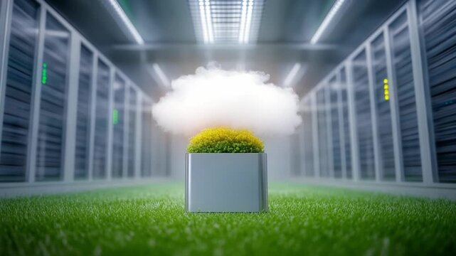 Cloud Data Center: A striking conceptual depiction of a data center, with a pristine cloud formation hovering over a patch of lush greenery, symbolizing the fusion of technology and sustainability.