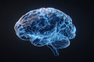 Digital render of blue glowing brain with intricate neural connections on black background, symbolizing intelligence and creativity. luminous details evoke sense of wonder and exploration