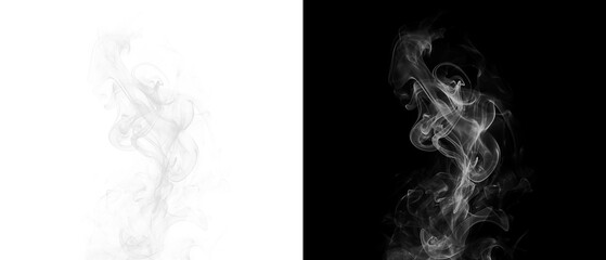 Fototapeta premium Vertical plume of white smoke rising against black and transparent backgrounds