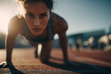 Focused Athlete in Starting Position for Track Race
