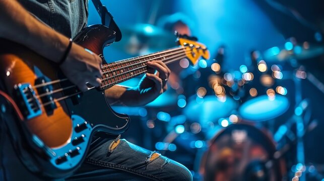 Dynamic rock band performance  close up of guitarist with bass guitar and drummer on stage