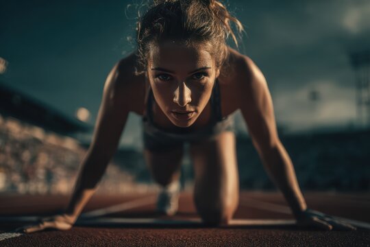 Female Sprinter Focused and Ready to Run on Track