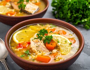 Warm fish soup in bowls. Broth, lemon, carrots, parsley. Inviting dish, rustic bowls, and grey background