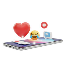 Smartphone with emojis isolated on transparent background a digital device displays a heart, a laughing face, a message bubble, and a notification icon, symbolizing connection